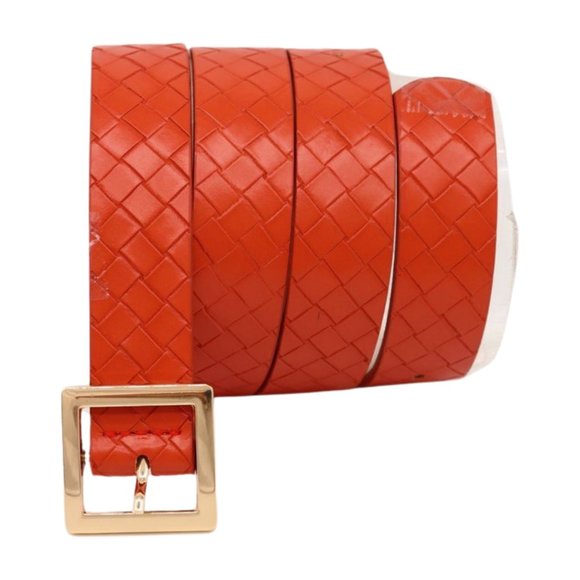 Women Orange Color Basket Weave Skinny Belt Gold Metal Square Buckle Size S M - Picture 4 of 17